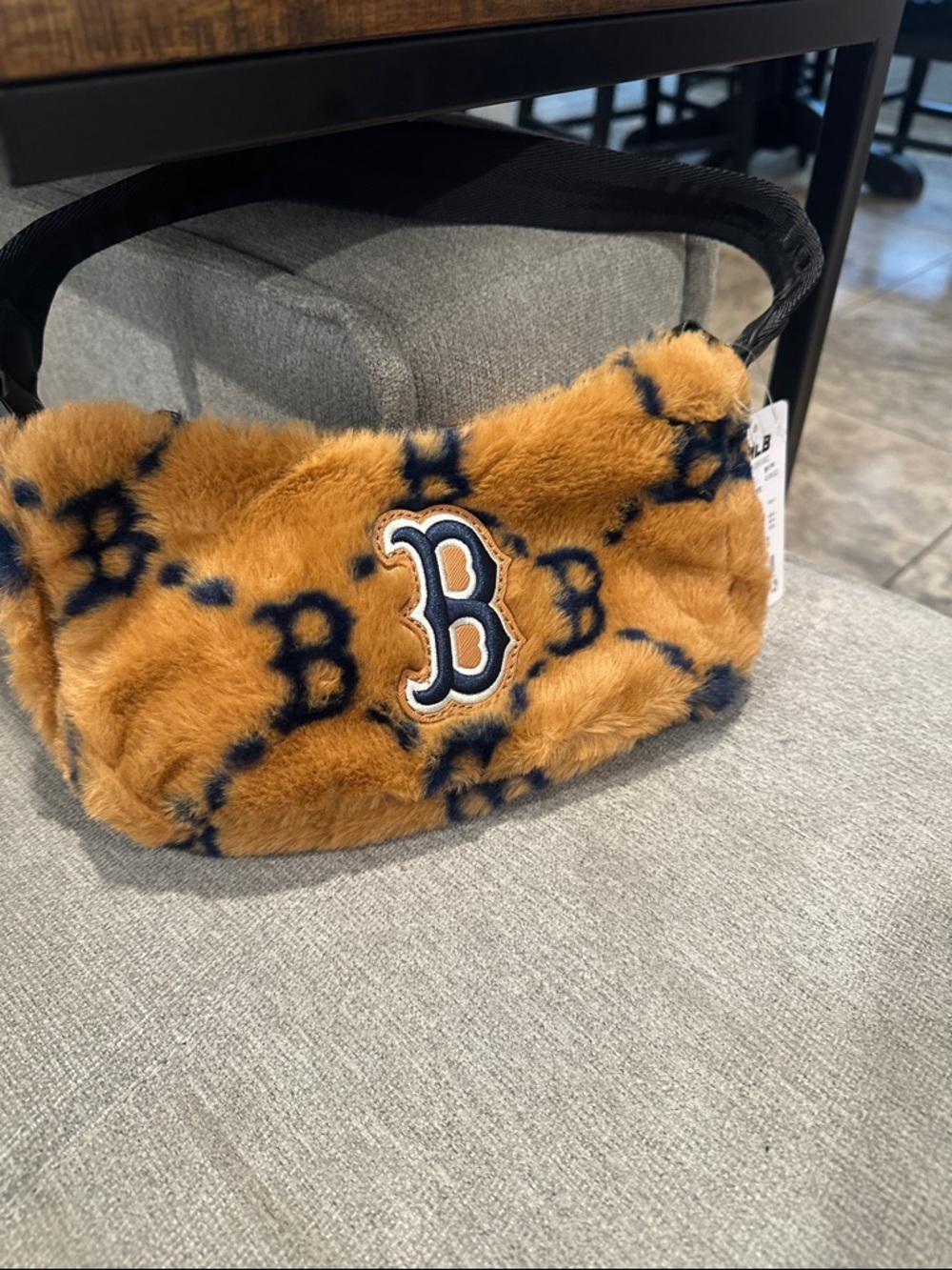 Faux Fur Saddle Bag in Caramel with Navy Pattern